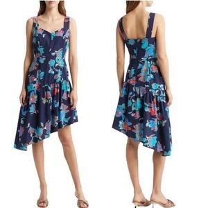 DU PARADIS Summer Night DRESS Sz SMALL FLORAL Asymmetric Hem Tropical Midi NWT